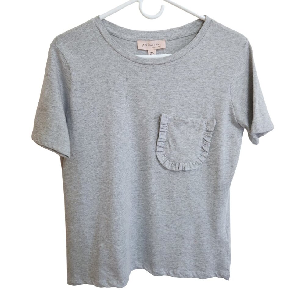 NWT Philosophy Heather Gray Scoop Neck Tee Shirt w/ Ruffled Chest Pocket…